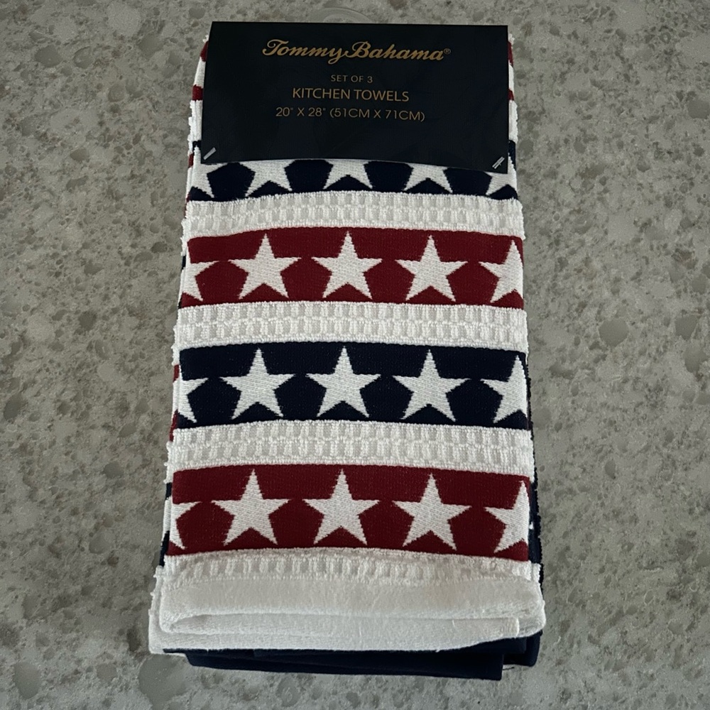 “New” Tommy Bahama  Red, White & Blue Stars & Stripes Kitchen Towels (set of 3)